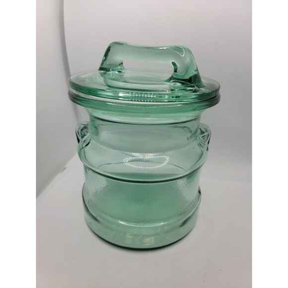 L E Smith Glass Milk Can Shaped Green Apothecary Cookie Jar Canister 7.5 " - Picture 3 of 7
